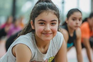 Group of students preparing for a school fitness challenge. They work on their push-ups and sit-ups to improve their scores