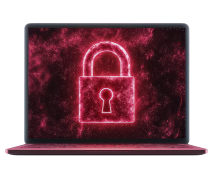 Laptop with red neon padlock on screen for internet security concept with transparent background clipart