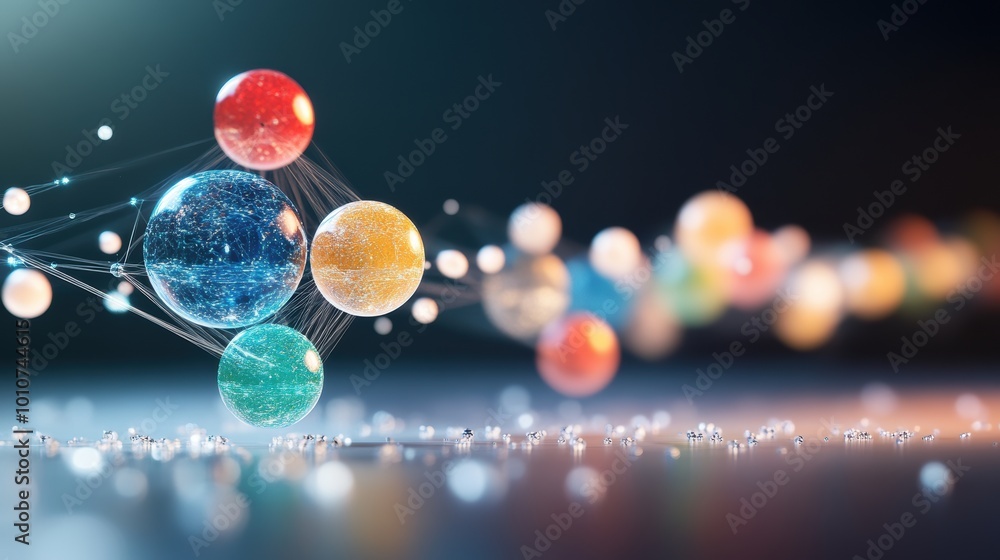 Poster a digital network represented by a cluster of spheres connected by lines, each sphere emitting a dif