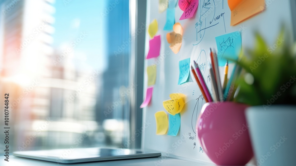 Poster a whiteboard filled with notes, equations, and diagrams, depicting the thought process involved in a