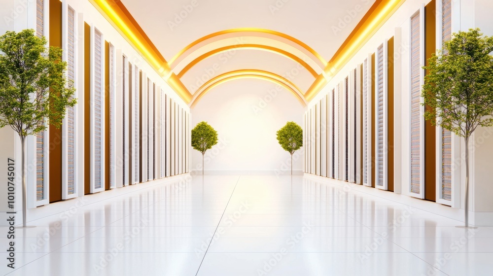 Poster a panoramic view of a data center with rows of servers and network equipment.