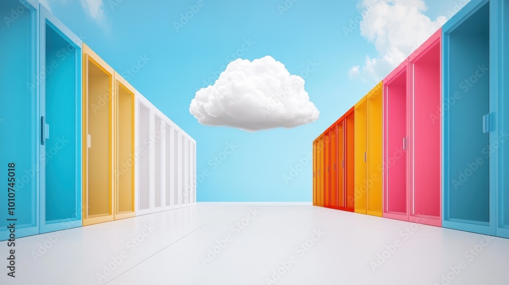 Poster a visualization of a cloud with multiple virtual servers hosted on it, demonstrating the concept of 