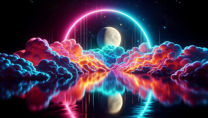 Obraz premium Colorful Neon Landscape Art - Moonlit Sea and Clouds – Perfect for Home Decor, Poster Design, Music Cover Art, and YouTube Thumbnails 