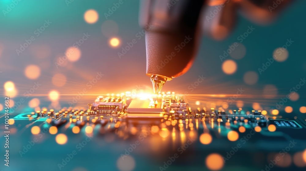 Poster a robotic arm meticulously assembling a complex electronic device, highlighting the dexterity and pr