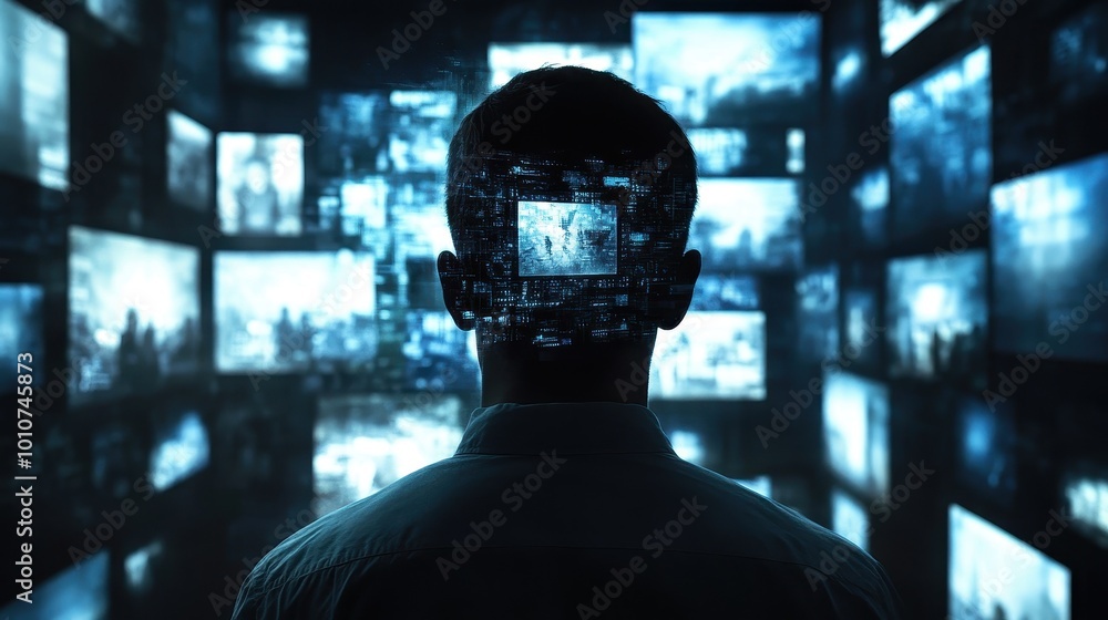Poster immersed in the digital world: a man surrounded by screens and data streams