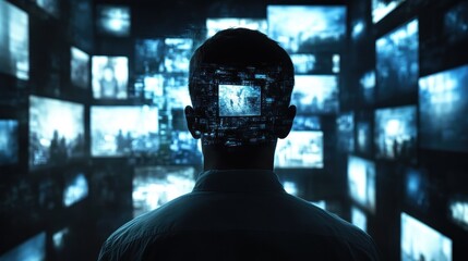 Immersed in the Digital World: A Man Surrounded by Screens and Data Streams