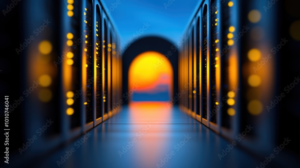 Poster a server room with rows of interconnected servers, showcasing the physical infrastructure behind clo
