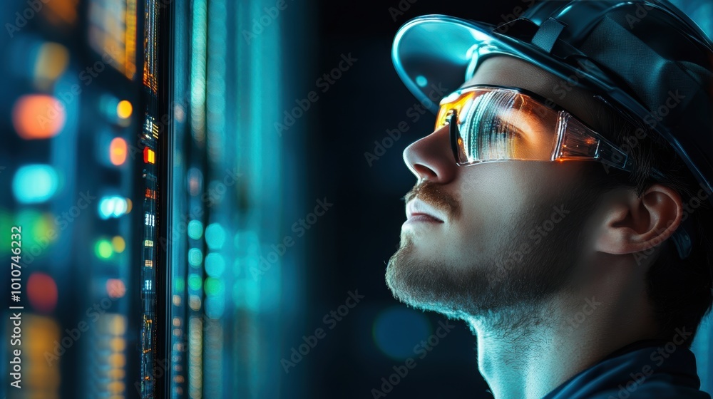 Poster a technician operating a control panel for an automated warehouse, demonstrating the human oversight