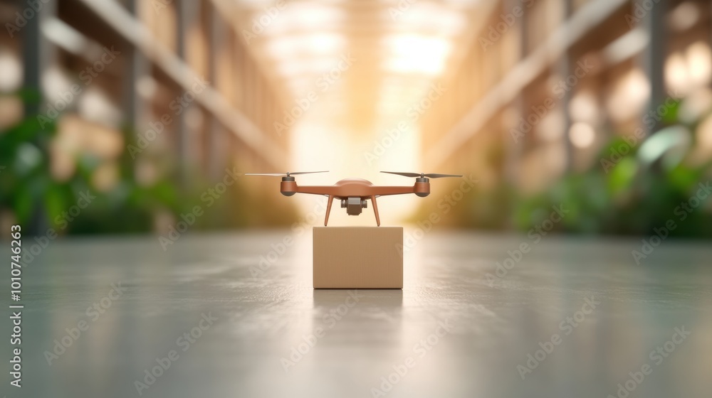 Poster a drone delivering packages within a warehouse, illustrating the use of drones for efficient invento