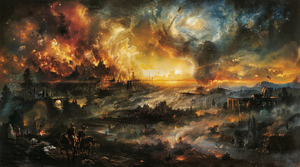 Apocalyptic Battle Scene with Fiery Skies and American Flags Over a Smoky War-Torn Landscape