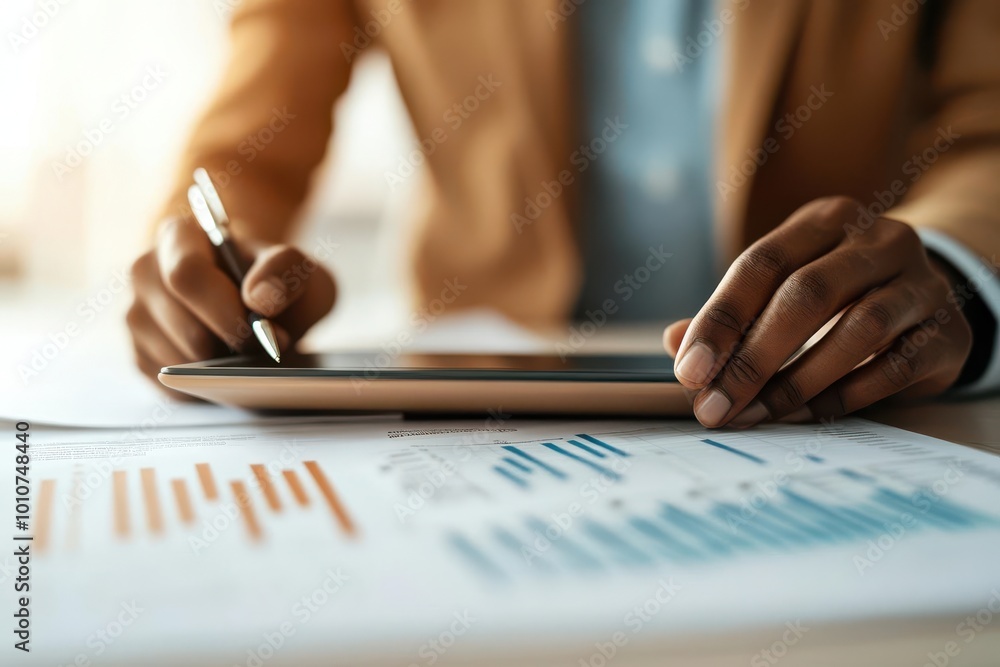 Poster a close-up of a business professional analyzing data on a tablet, surrounded by financial charts and