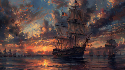 Obraz premium American Ship Sailing into a Fiery Sunset, Oil Painting for Print with Dramatic Clouds and Reflections 