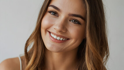 Naklejka premium Young girl smiles slightly tilting her head. loose long blond hair on a light background