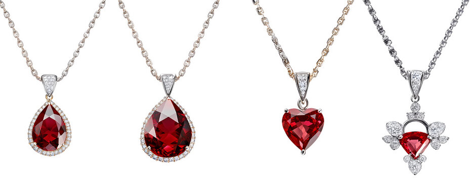 Set of beautiful red ruby with diamond pendant necklaces isolated on transparent background.&nbsp;