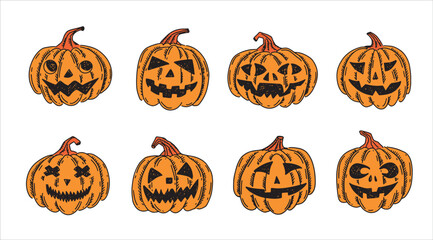 Halloween pumpkins set on white background. Hand drawn illustration.	