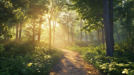 Obraz premium Mystical Forest Path Bathed in Morning Sunbeams - Made with Generative AI