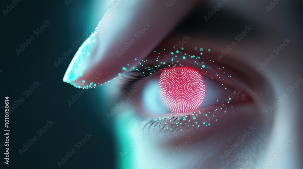 Poster a photo of a person using a biometric scanner, showcasing the use of advanced security technologies 