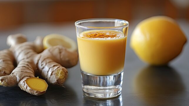 A shot glass of turmeric and ginger drink. A perfect image for a health and wellness blog or website.