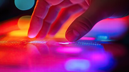 A finger presses down on a glowing surface. This image can be used to represent technology, innovation, or the future.
