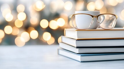 A cozy stack of books with glasses and a cup, softly illuminated by warm bokeh lights, creating a serene reading atmosphere.