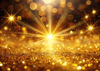 Fototapeta premium An exquisite golden sparkle background showcases glowing light waves intertwined with bokeh elements, resulting in a visually stunning design with striking depth and elegance.
