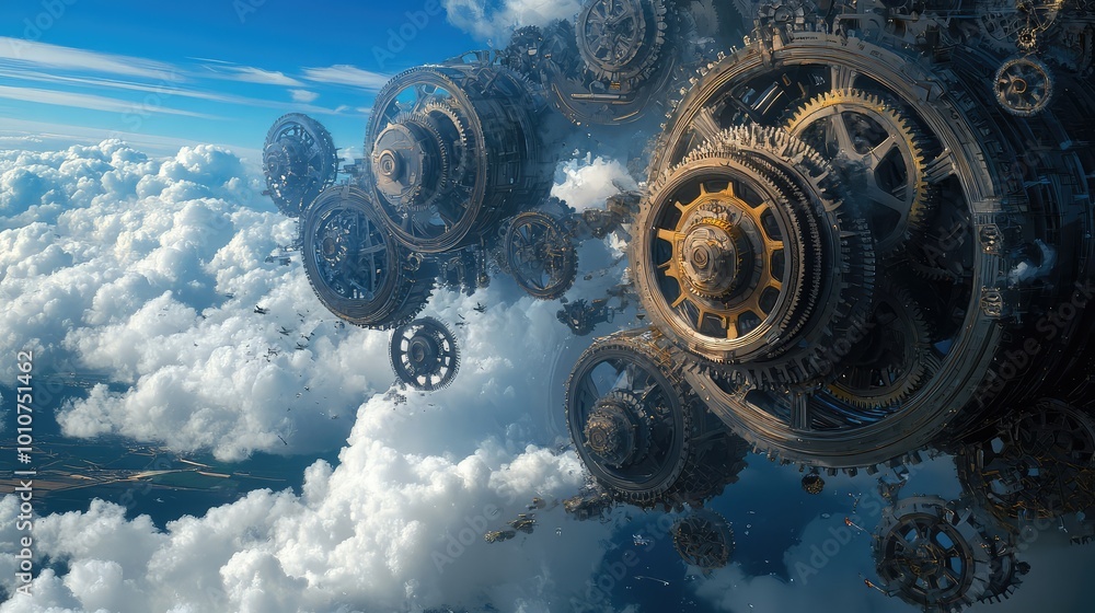 Poster colossal gears and cogs turn slowly in the sky, filling the horizon with a massive clockwork mechani