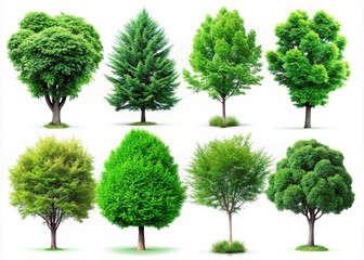 Obraz premium An isolated display of nine unique green trees contrasts beautifully with a clean white background, ideal for themes related to nature and environmental awareness.