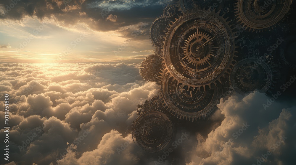 Poster colossal gears and cogs turn slowly in the sky, filling the horizon with a massive clockwork mechani