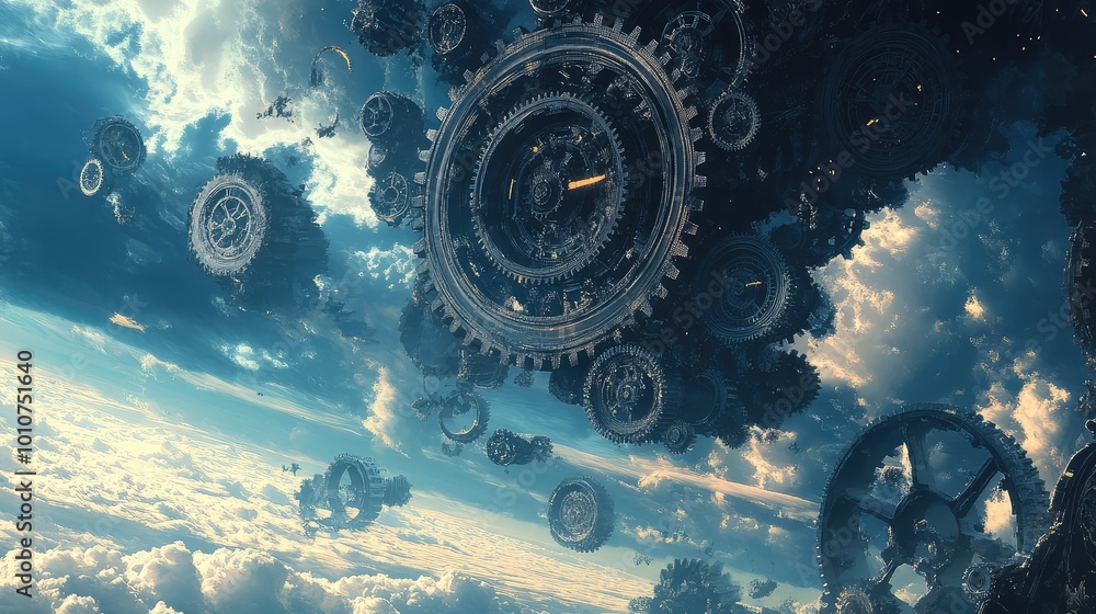Poster colossal gears and cogs turn slowly in the sky, filling the horizon with a massive clockwork mechani