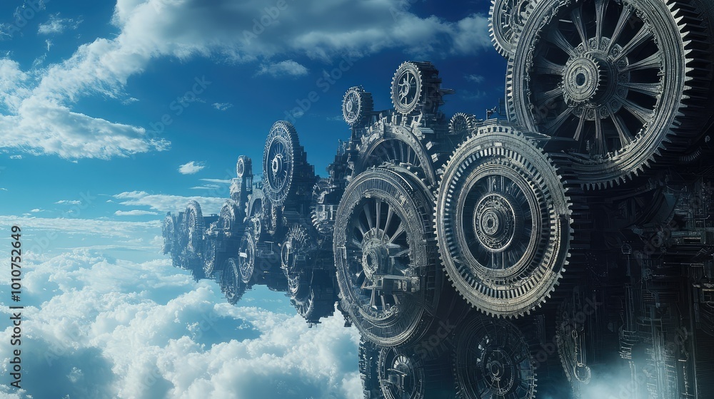 Poster giant clockwork gears turn slowly in the sky, their intricate mechanisms visible from the horizon to