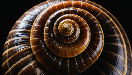 Obraz premium Close-up of a snail’s shell, showcasing the spiraling patterns and textures against a black backdrop.