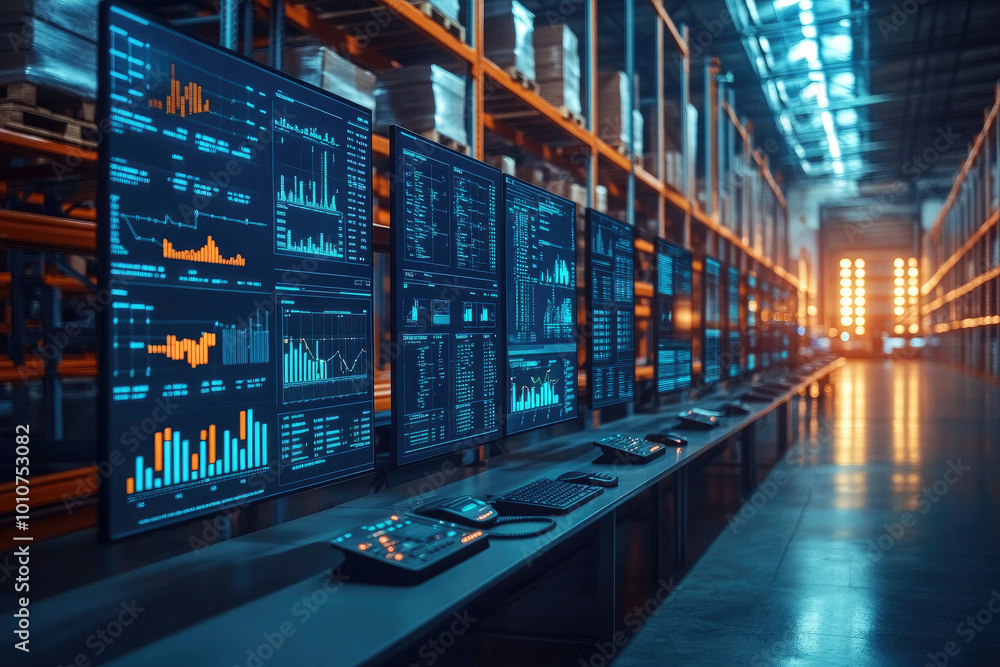 Poster multiple screens are displaying data and charts in a modern monitoring room. the image evokes concep