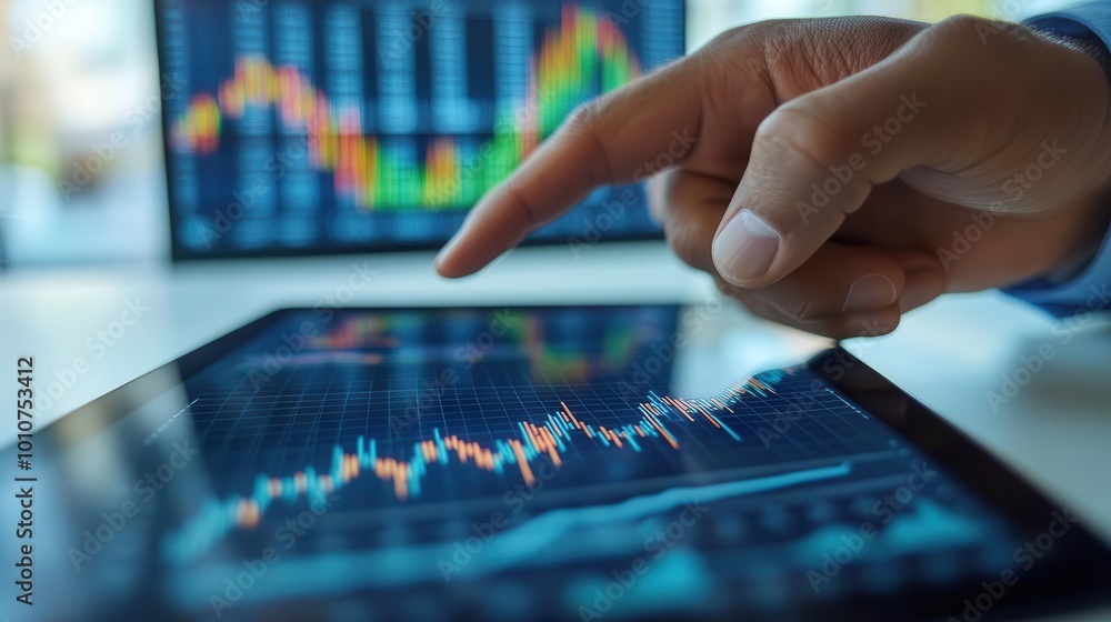 Poster a close-up of a hand pointing at a digital tablet screen displaying financial data and stock market 