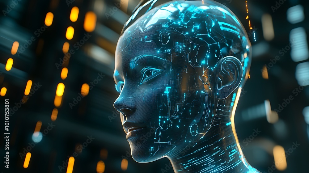 Poster futuristic ai robot showcasing digital circuit face in neon light image