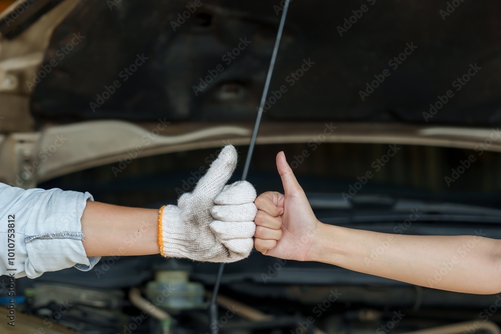 Wall mural two hands giving thumbs-up in front of car engine, one wearing a glove and the other bare, symbolizi