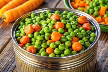 Bright and fresh tin of peas and carrots for nutritious meals, tasty snacks, and effortless cookingâ€”an essential pantry staple for your healthy culinary adventures.