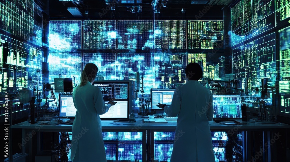 Poster futuristic tech command center with silhouetted operators
