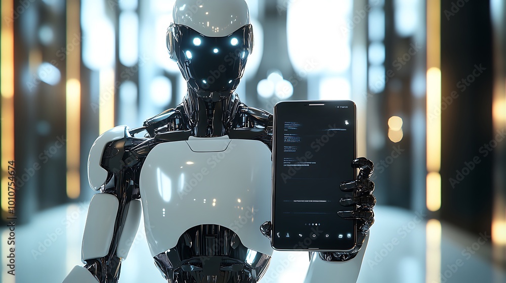 Poster futuristic android demonstrating capabilities of digital tablet technology interface