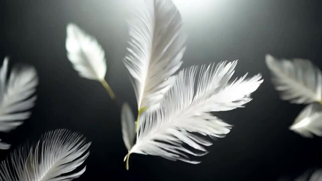 White falling bird feather on black background, generative AI