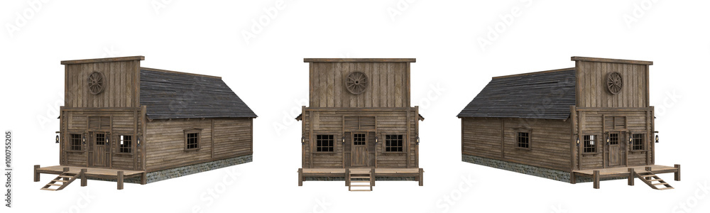 Poster old wooden house from a wild west town. set of 3 isolated 3d rendered illustrations from different a