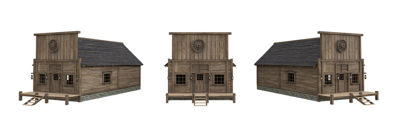 Old wooden house from a wild west town. Set of 3 isolated 3D rendered illustrations from different angles.