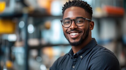 Obraz premium A smiling man with glasses looks toward the camera. Perfect for use in websites and brochures about businesses, careers, and success.