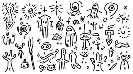 Obraz premium Abstract black and white illustrations featuring various strange figures and symbols.