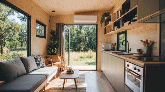 Interior of a tiny prefab house with space-efficient features.