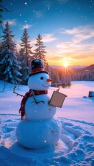 Obraz premium A snowman is holding a sign in his hand. The sign is blank, but the snowman is smiling. The image has a cheerful and playful mood, as the snowman is dressed up and holding a sign