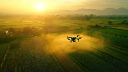 Fototapeta premium Drone spraying pesticides in rice fields