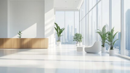 Bright office space with clean white walls, wooden accents, and large glass windows overlooking a cityscape. 3D Rendering.  