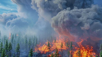 Photorealistic scene of a forest engulfed in flames, thick smoke rising, and detailed texture of burnt trees in the foreground.