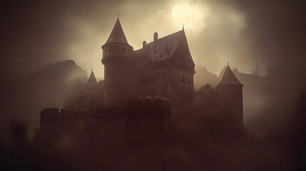 Obraz premium Haunted Dracula Vampire Castle with Bats and Creepy Atmosphere