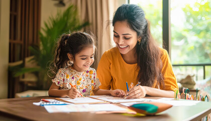 happy indian mother teaching daughter at home